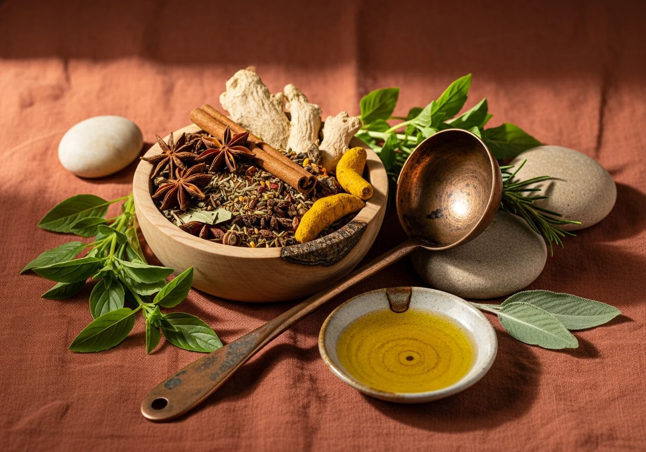 Ayurvedische Elemente — Kräuter, Öle und natürliche Materialien